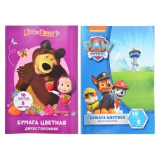 Бумага цветная 16л 8цв, 2-сторонняя, "Щенячий патруль, Маша и Медведь", 34013, 34193